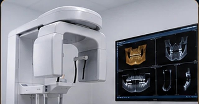 CBCT 3D imaging scanner with cross-sectional dental scan on monitor