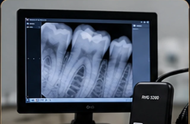 Digital radiography monitor displaying a dental x-ray
