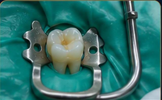 Rubber dam isolation on a tooth during treatment